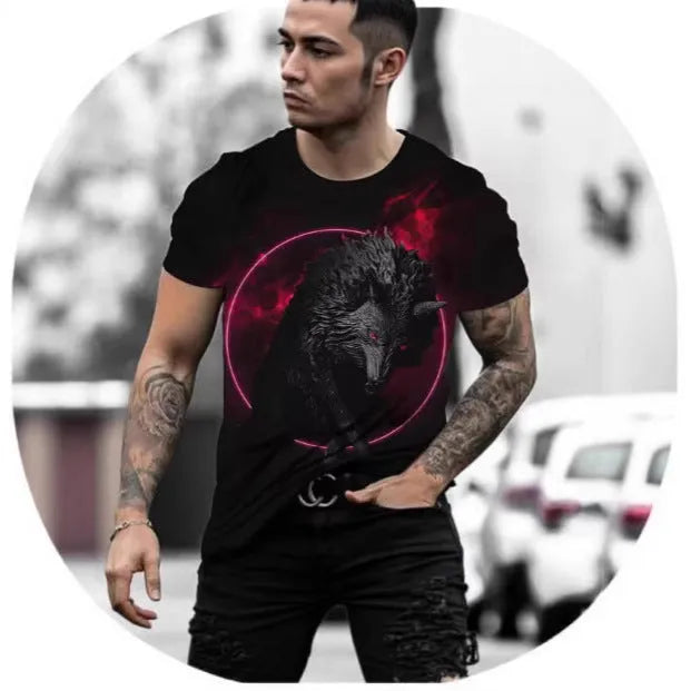 Retro 3D animal print on a men's grey short-sleeved t-shirt showing the digital print detail.