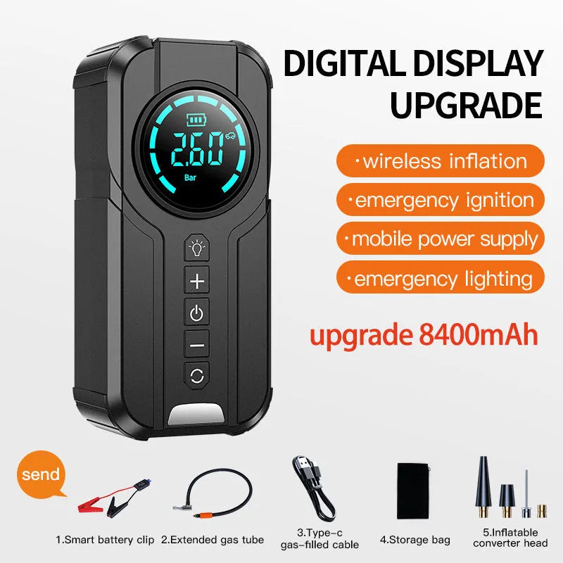 Portable wireless car tyre air pump with battery, 12V cable, four nozzle adapters, and carry bag on a grey background