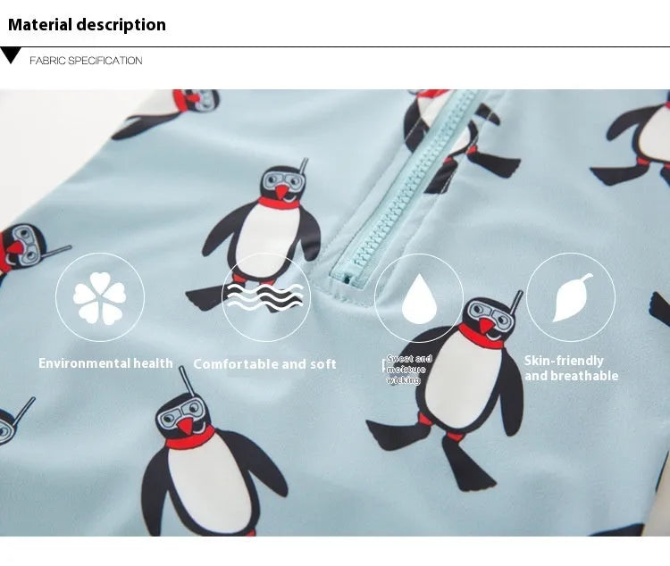 Boys penguin print long sleeve swimsuit with matching swimming cap