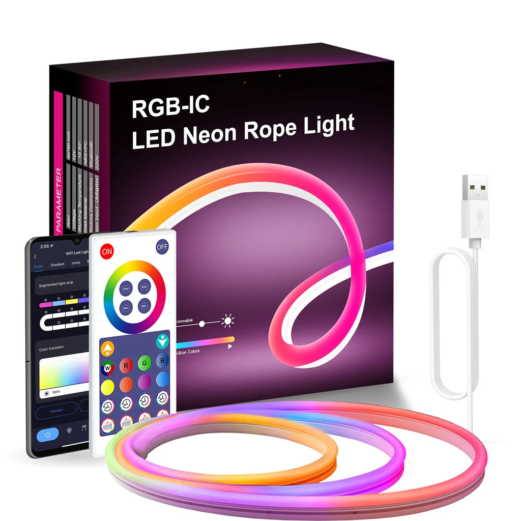3-metre long flexible RGB neon LED light strip with remote control, showing colour-changing effects.