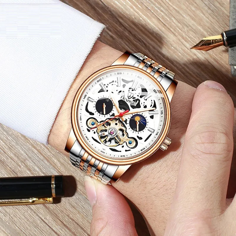 Men's casual tourbillon mechanical watch with luminous dial and waterproof case in rose black colour.