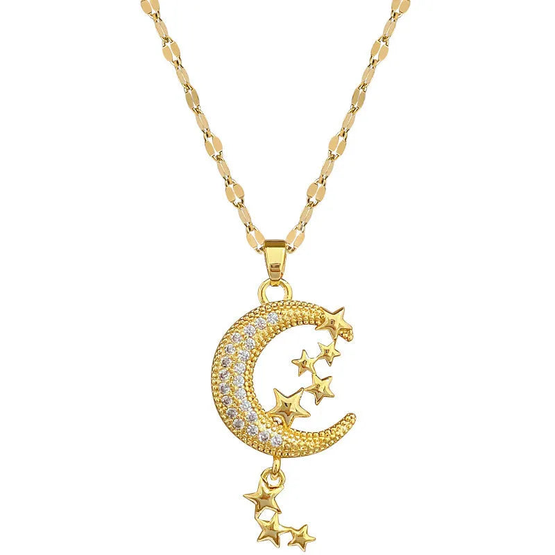 Moon pendant necklace with geometric tassel design and diamond arrangement on stainless steel chain