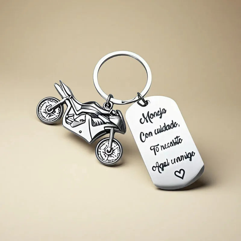 Stainless steel motorcycle keychain with modern design and included flannel bag.