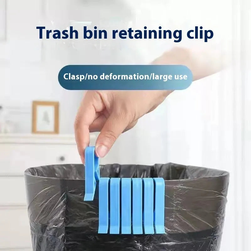 Transparent plastic non-slip clip for holding a garbage bag on the rim of a bin.