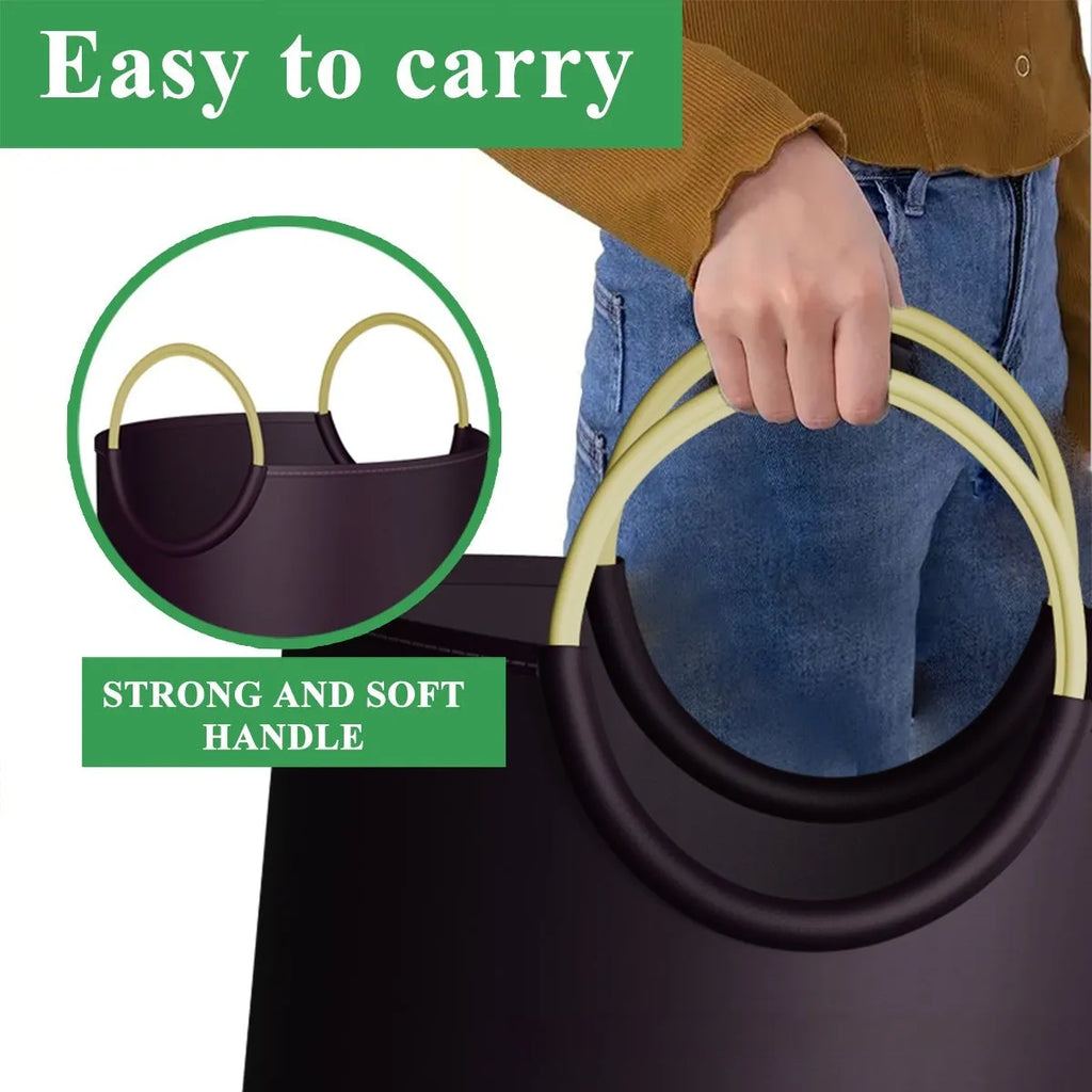 Portable round blue patterned trash can with white bag, 38cm wide and 72cm tall.