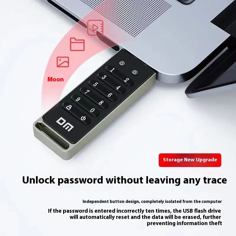 Silver metal encrypted USB flash drive with fingerprint sensor and button, showing 64GB capacity.