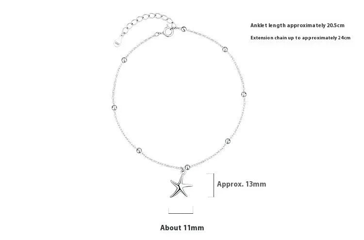 Sterling silver anklet with starfish charm and adjustable chain with lobster clasp