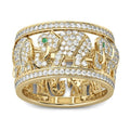 Close-up of a creative alloy ring featuring a full diamond elephant design on a finger, shown in silver and themed colour options.