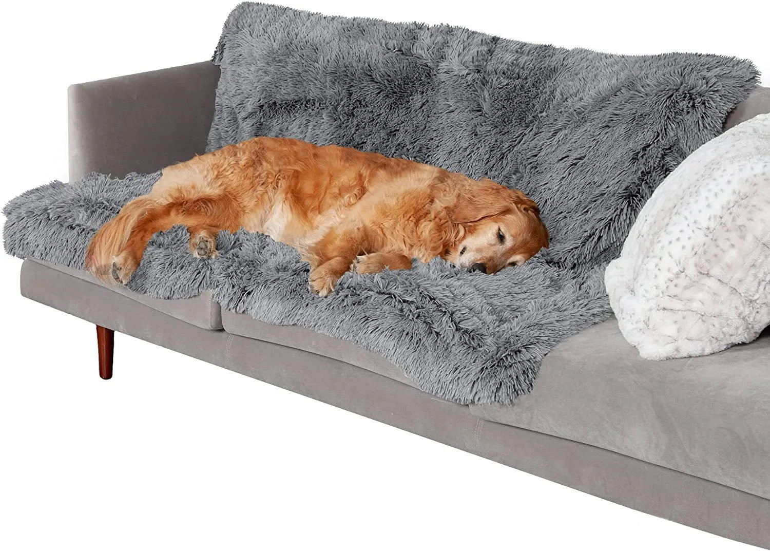 Plush waterproof dog cushion in dark grey, shown in a large size for pet bedding.