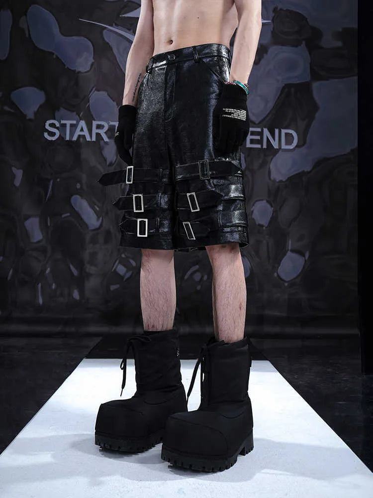 Men's black PU leather casual cropped shorts with leather ring detailing, medium to low waist design