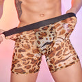 Men's leopard print animal design boxer shorts on a white background.