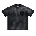 Black men's loose fit cotton T-shirt with drop-shoulder sleeves and a printed design.