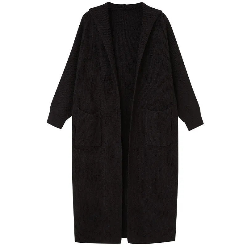 Long grey knitted cardigan trench coat with hood on a hanger.