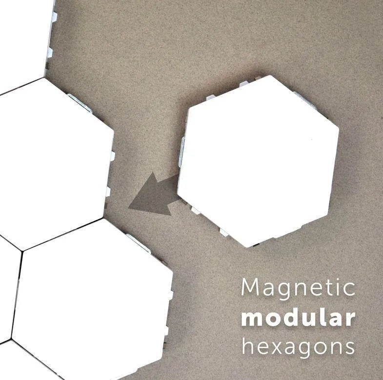 Helios modular honeycomb wall lamp with touch control and multiple colour options on a modern interior wall