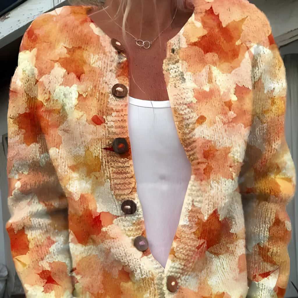 Yellow women's knitted cardigan coat with a 3D digital print pattern.