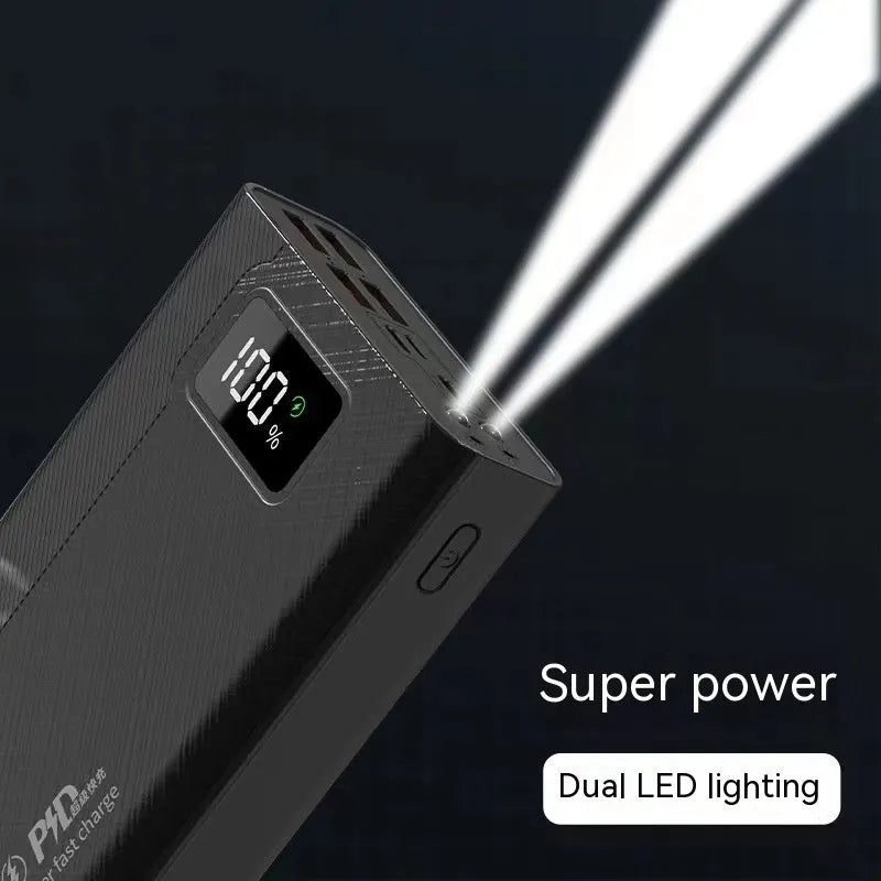 Black and white large capacity power bank showing front view with dimensions 150mm by 76mm.