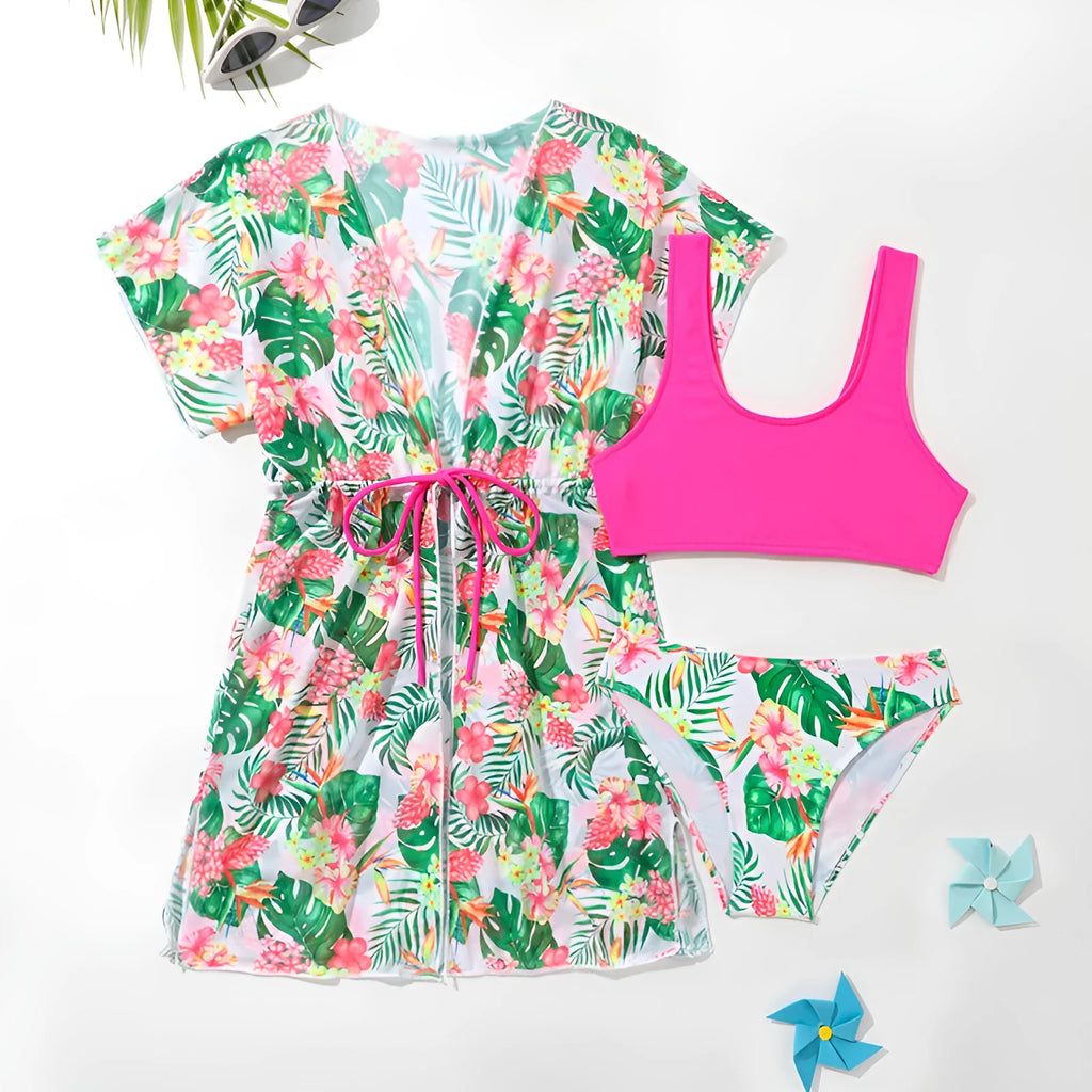 Girls' two-piece swimsuit with Korean floral pattern in high elasticity polyester fabric