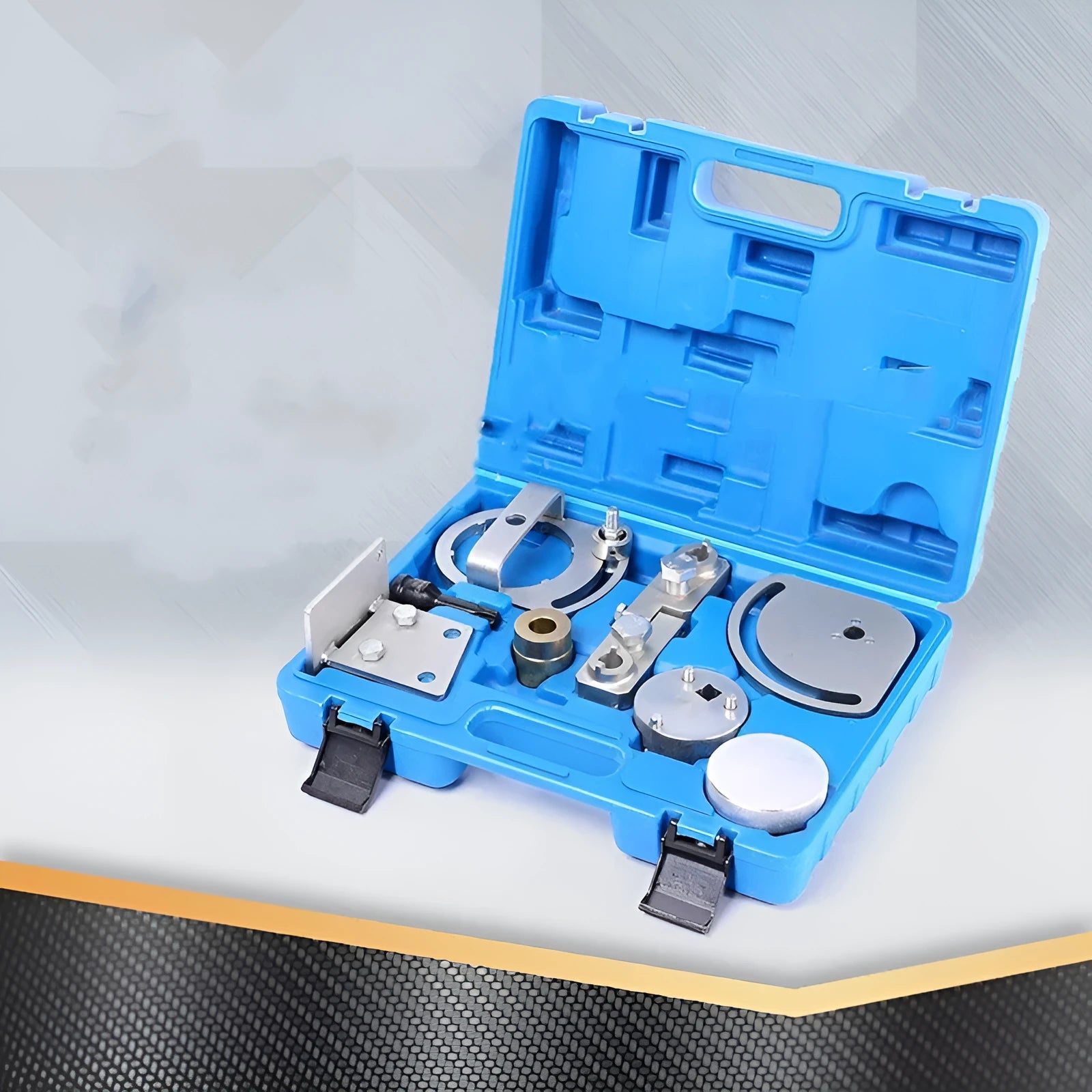 Volvo engine timing tool set with carbon steel construction showing camshaft locking tools and alignment fixtures
