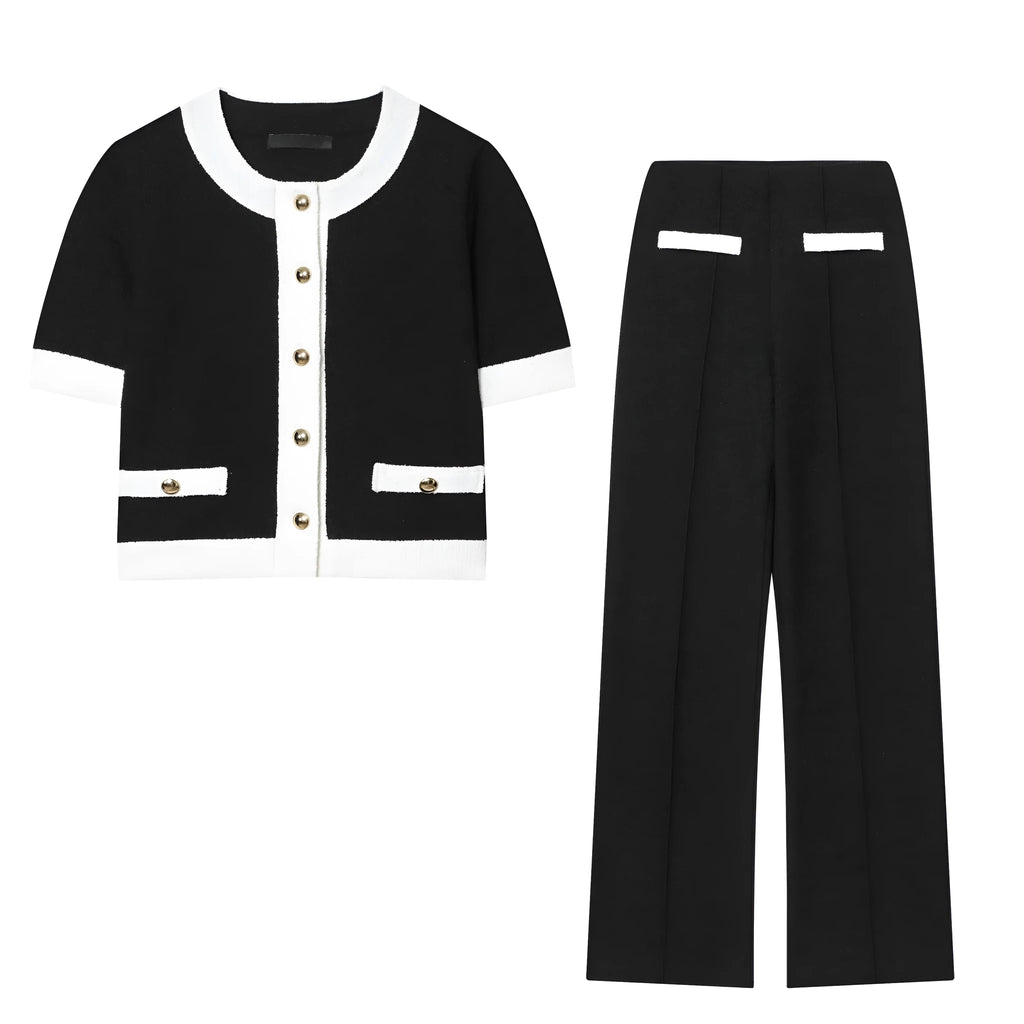 Women's beaded round neck top and high-waisted trousers suit in street fashion style with contrast colour detailing