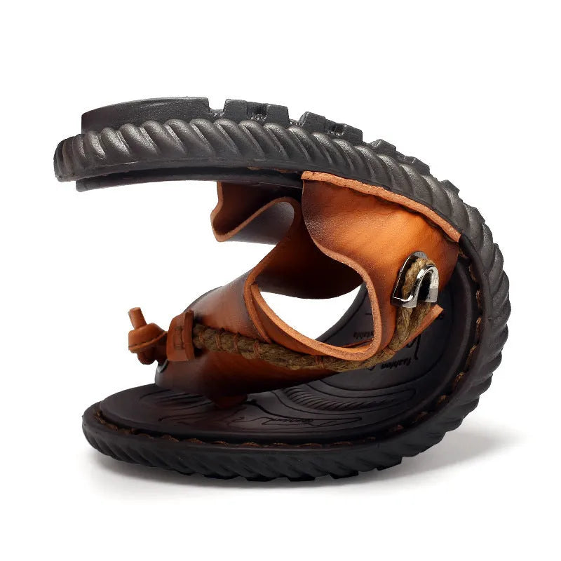 Men's dark blue outdoor slippers with herringbone rubber soles and leather lining, plus size 38-46
