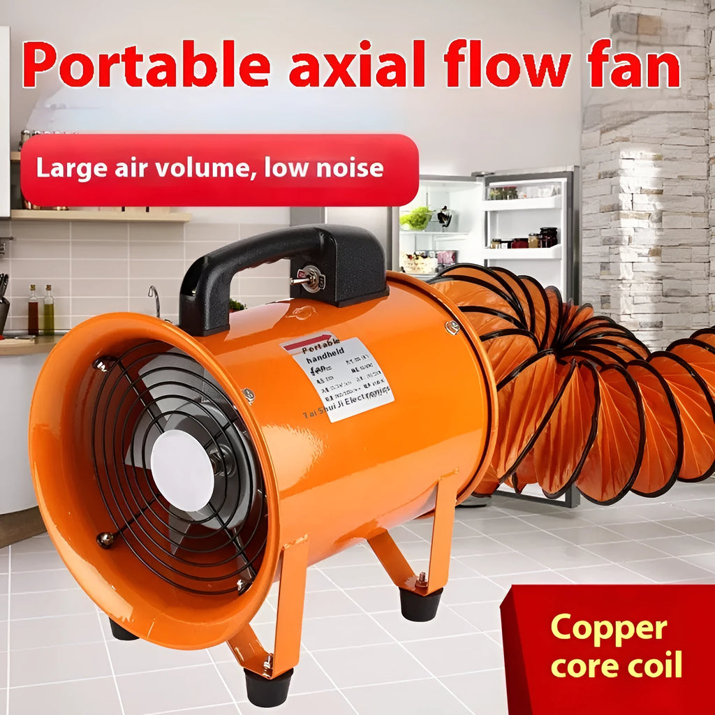 8 inch titanium steel industrial axial flow fan with attached air duct for ventilation.