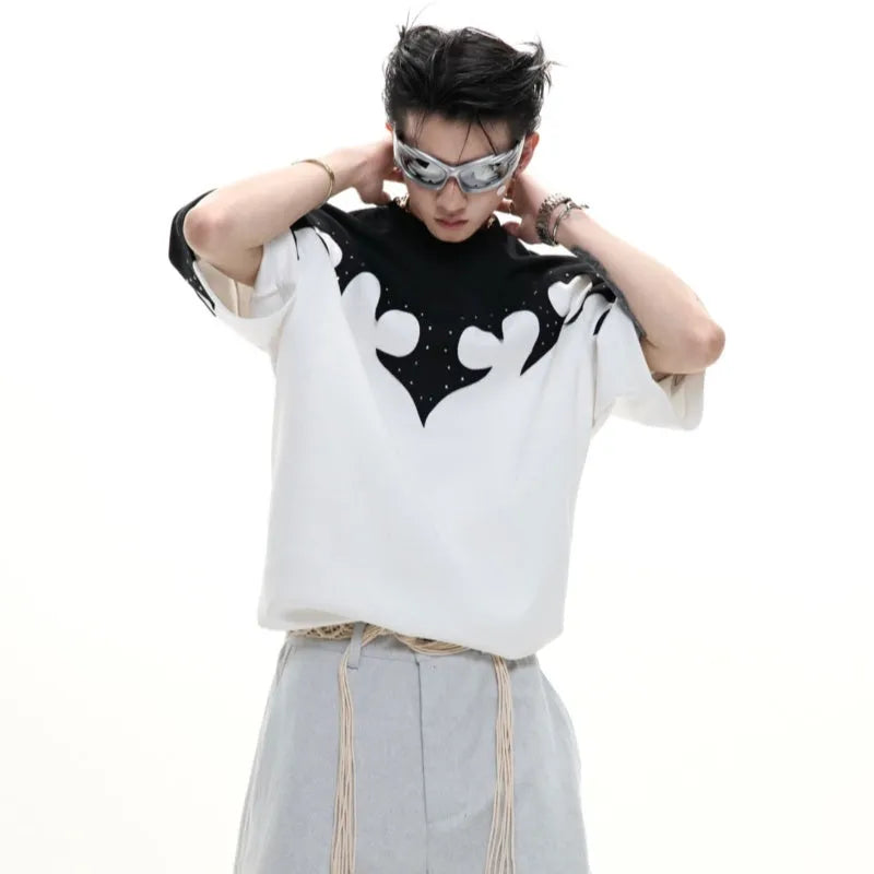 Men's red cotton t-shirt with three-dimensional burnt flower stitching and rhinestone decoration on front