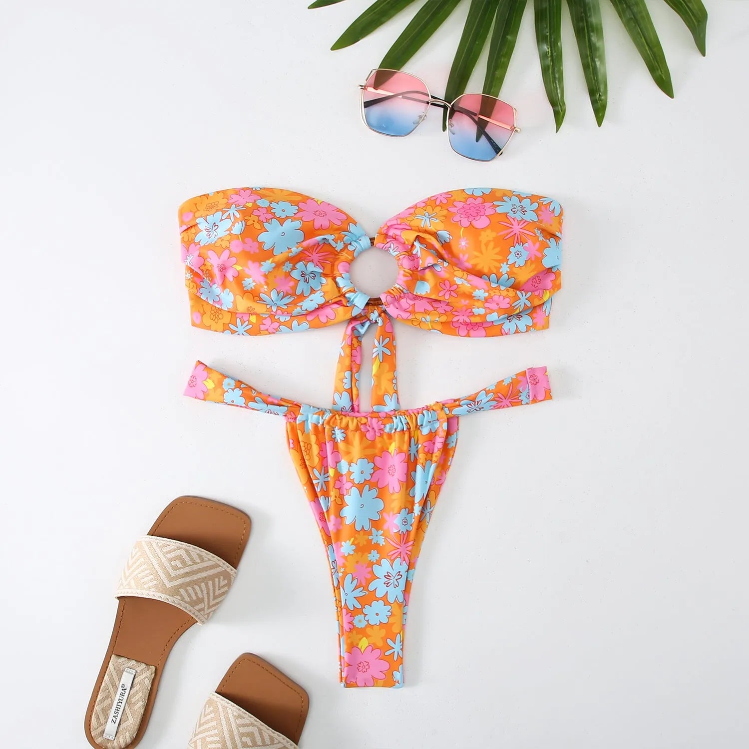 Women's floral printed tube top bikini swimsuit with backless design