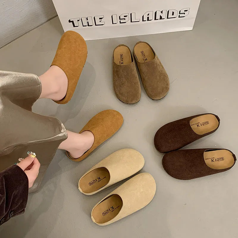 Korean style square toe outdoor slippers in apricot colour with microfiber upper and PU sole