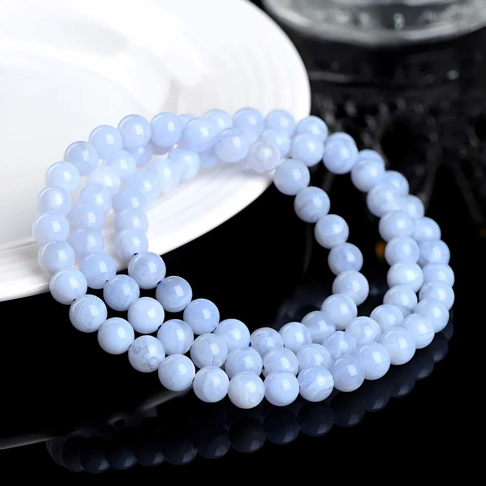 Blue agate bracelet with multi-circle pattern and scattered beads, natural stone jewellery