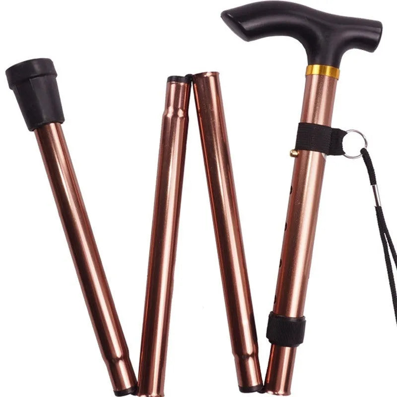Aluminium folding walking stick adjusted to mid-length, showing non-slip rubber tip.