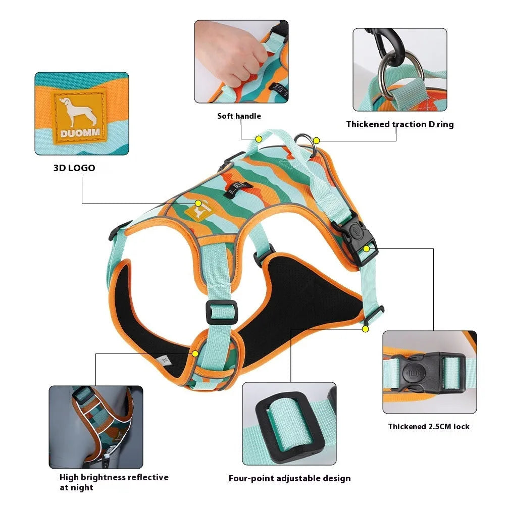 Reflective dog walking rope with chest harness in Oxford cloth, showing hand-holding loop and adjustable sizing