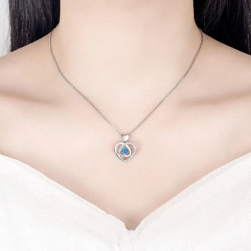 Blue diamond coloured heart necklace and bracelet set with gemstone inlay on an adjustable copper chain.