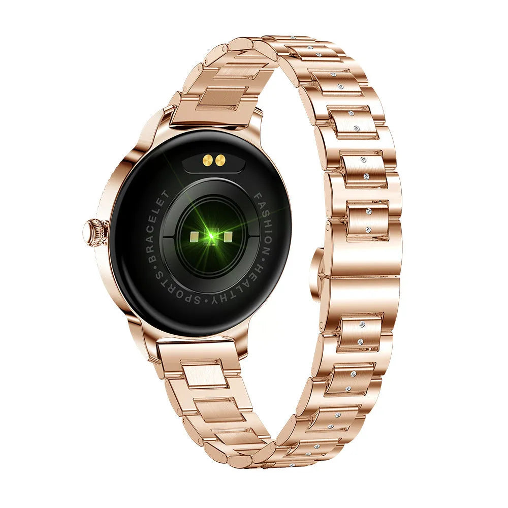 AK38 ladies smart watch with TFT screen and stainless steel Milanese bracelet on wrist