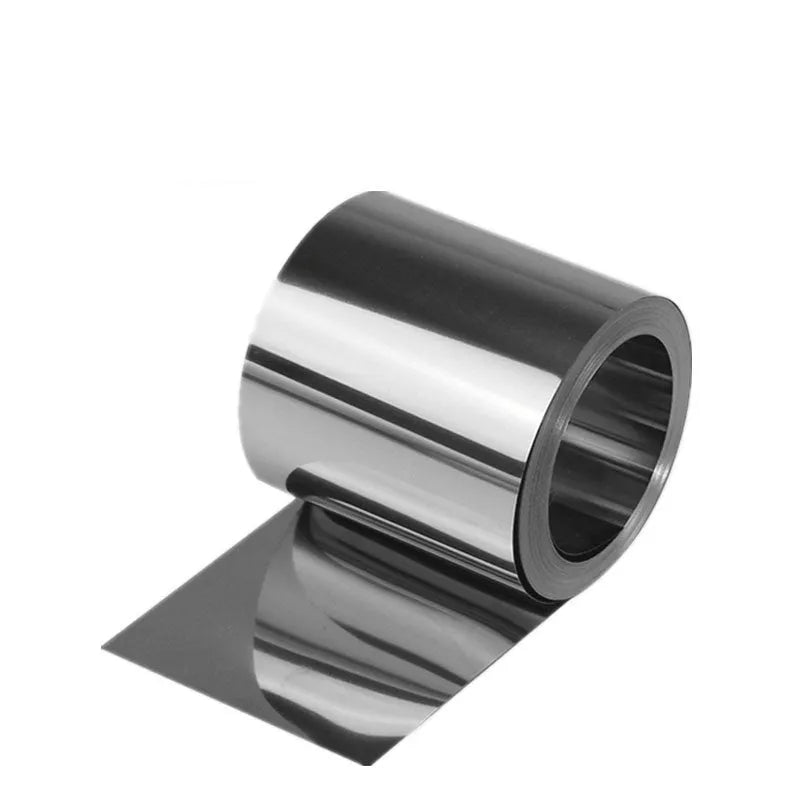 Roll of thin 304 stainless steel sheet strip with a leather backing on one side.