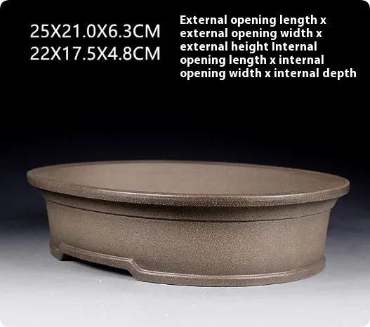 Handmade antique oval purple sand bonsai pot for succulents, dimensions 25x21x6.3 cm.