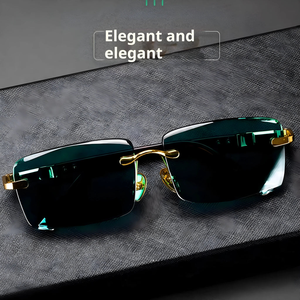 Dark green frameless sunshade glasses with protective case and lens cloth