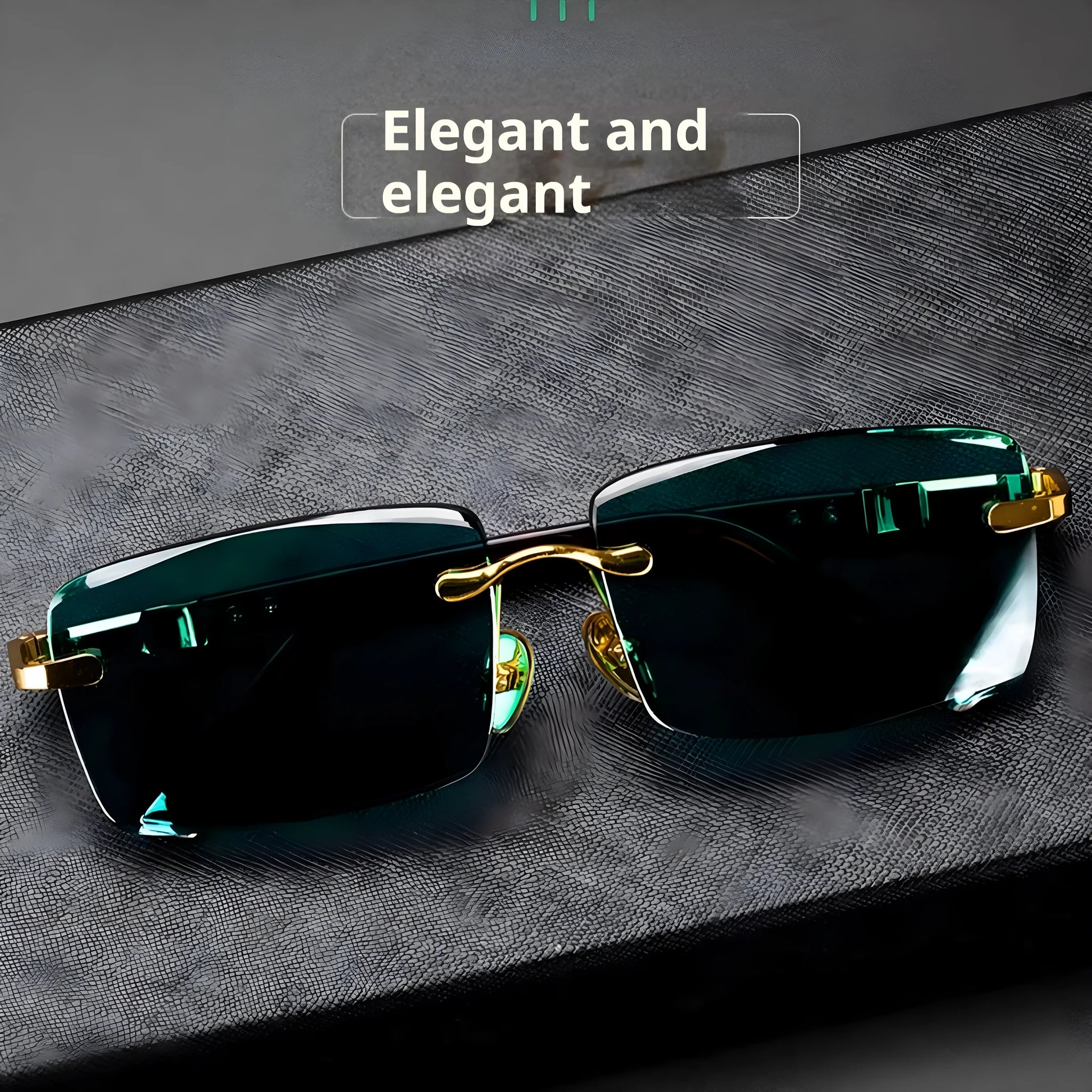 Dark green frameless sunshade glasses with protective case and lens cloth