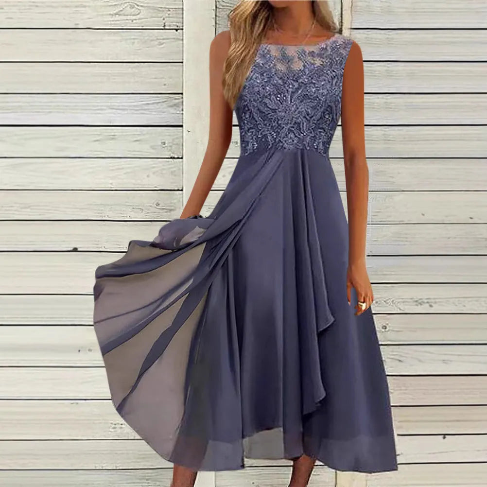 Women's sleeveless chiffon dress with lace hollow-out detail in blue, shown mid-length.