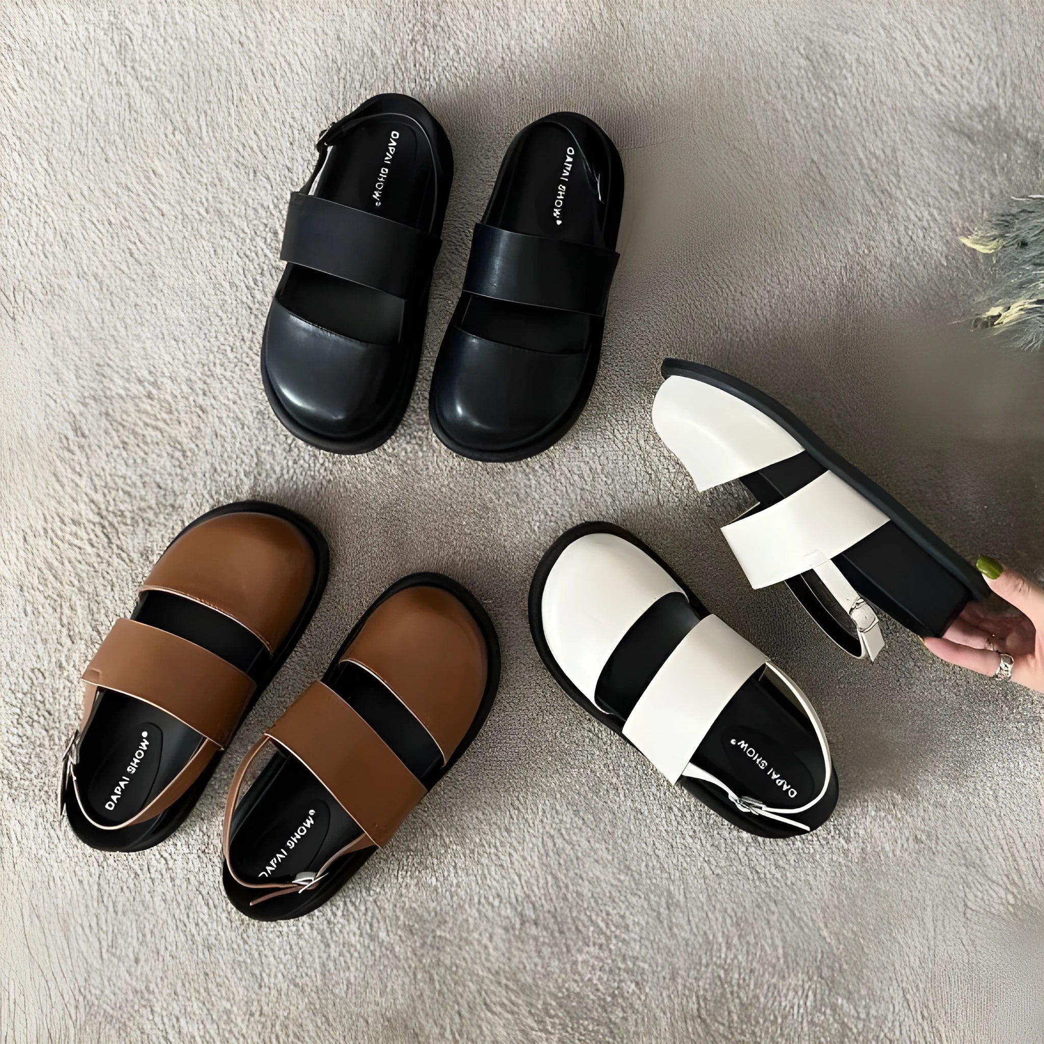 Retro raised bottom sandals with closed toe and ankle strap buckle in apricot colour