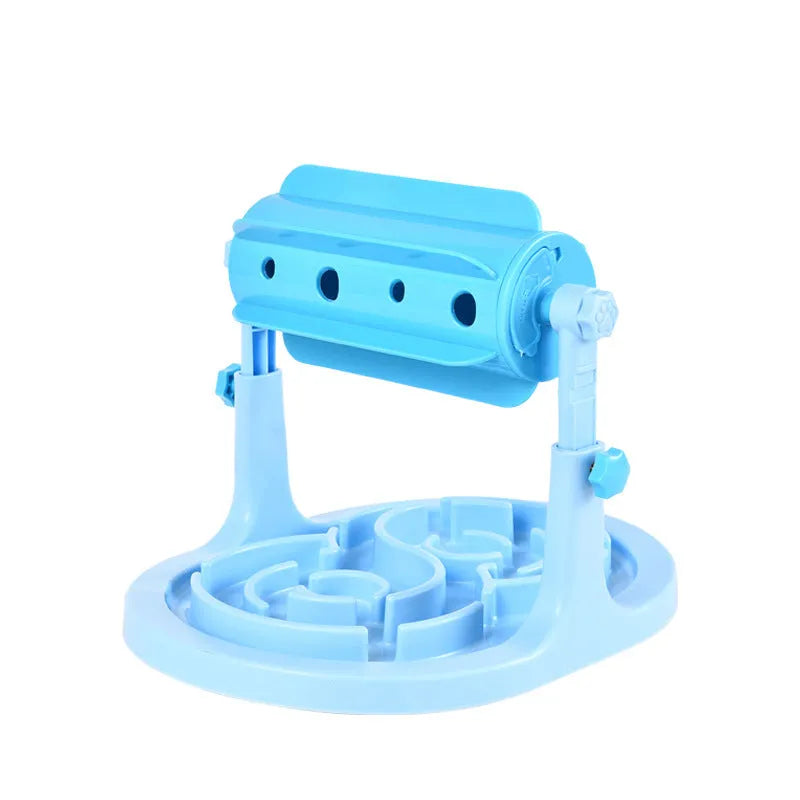 Blue interactive pet puzzle feeder bowl with adjustable height and raised food tray patterns