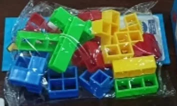 Plastic balance stacking board game with 16 colourful blocks on a chassis and base