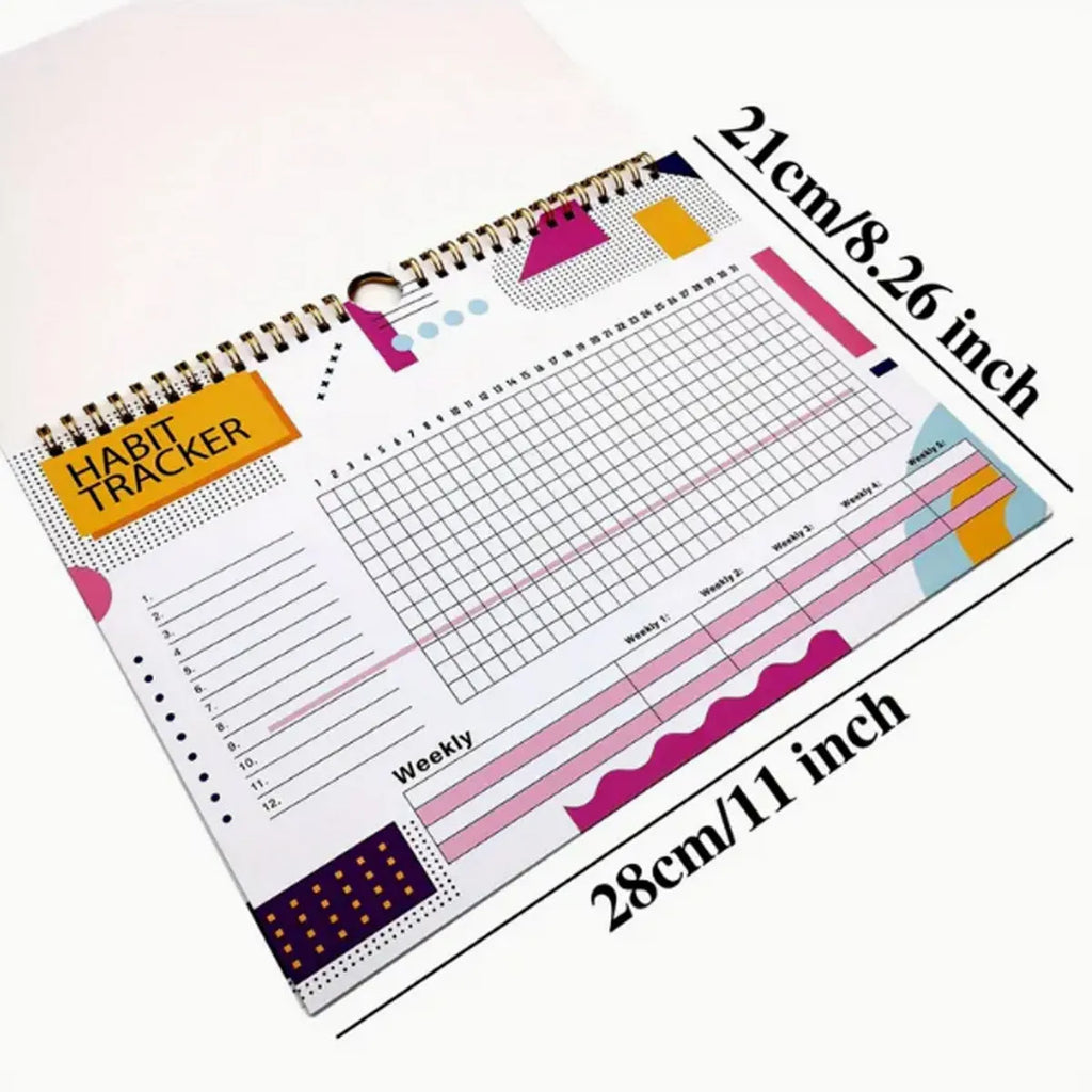 English habit tracking journal with 12 pages in 21cm by 28cm size