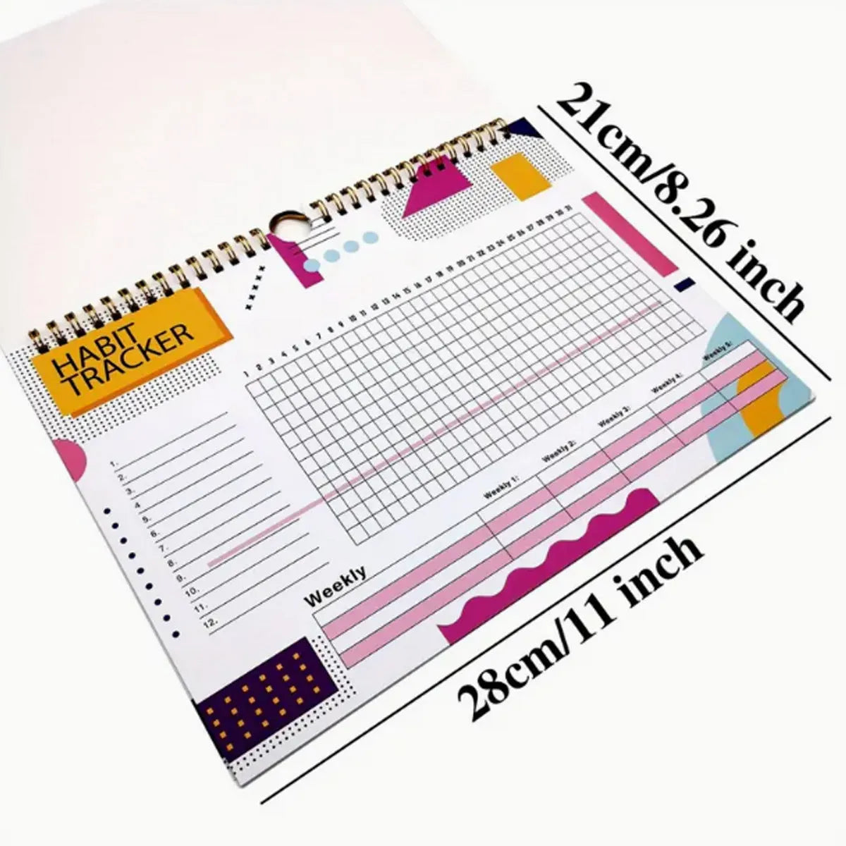 English habit tracking journal with 12 pages in 21cm by 28cm size
