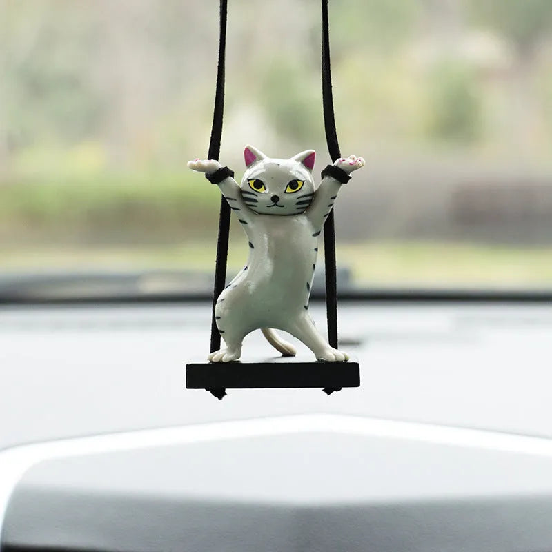 Cartoon-style resin cat pendant for car interior with adjustable rope