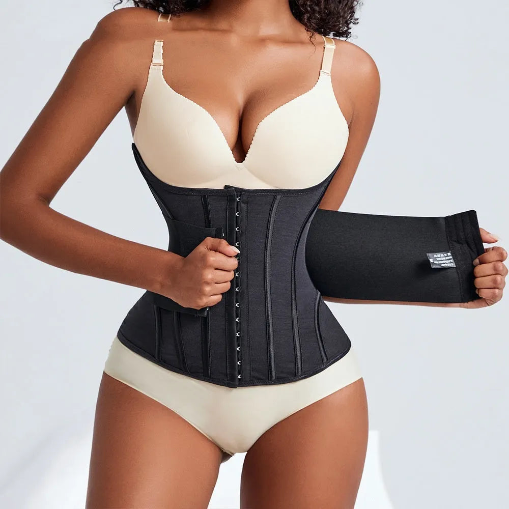 Standard thickness nylon belly band waist training belt in black or apricot colour with belt tie fastening