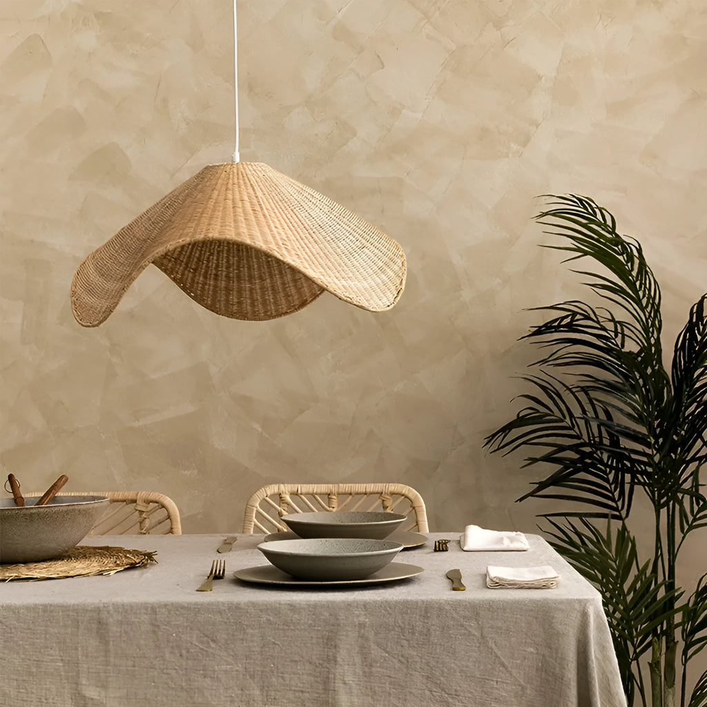 Handwoven natural rattan and willow bamboo chandelier with warm white LED light in three size diameters.