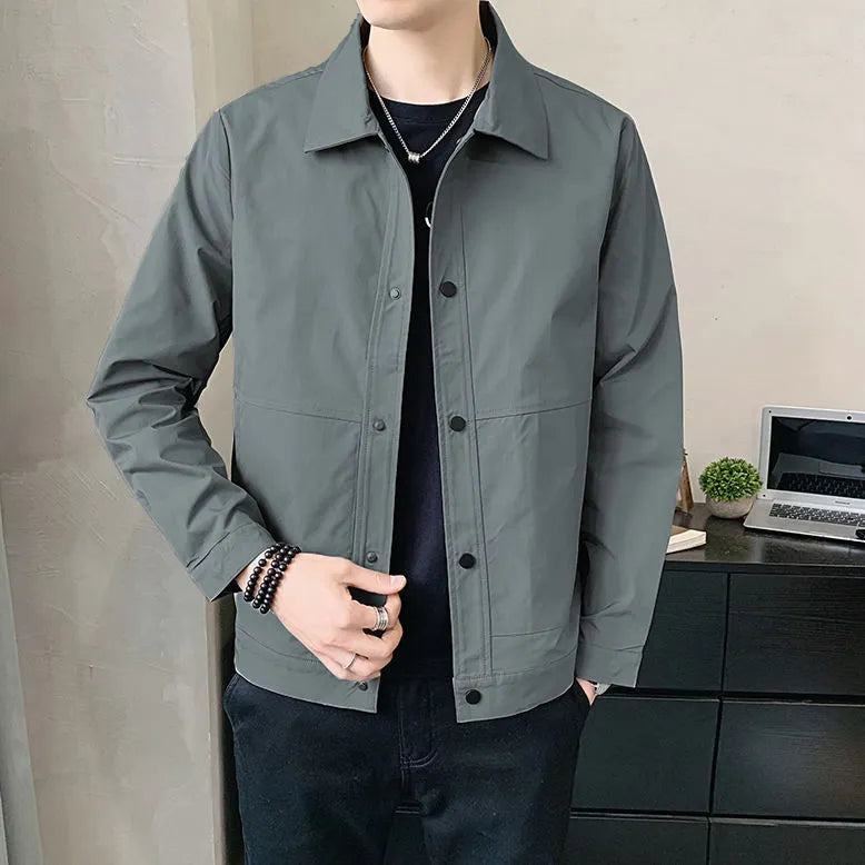 Korean style men's single-layer thin polyester jacket in light gray, shown on a model.