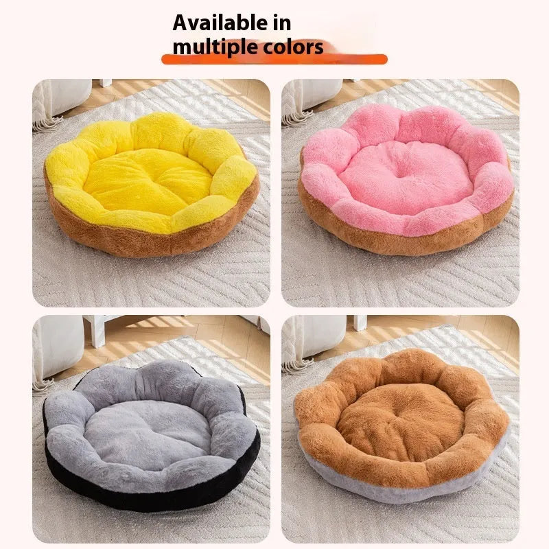 Detachable rabbit plush round cat bed in grey black colour showing thick cushioning and nest shape