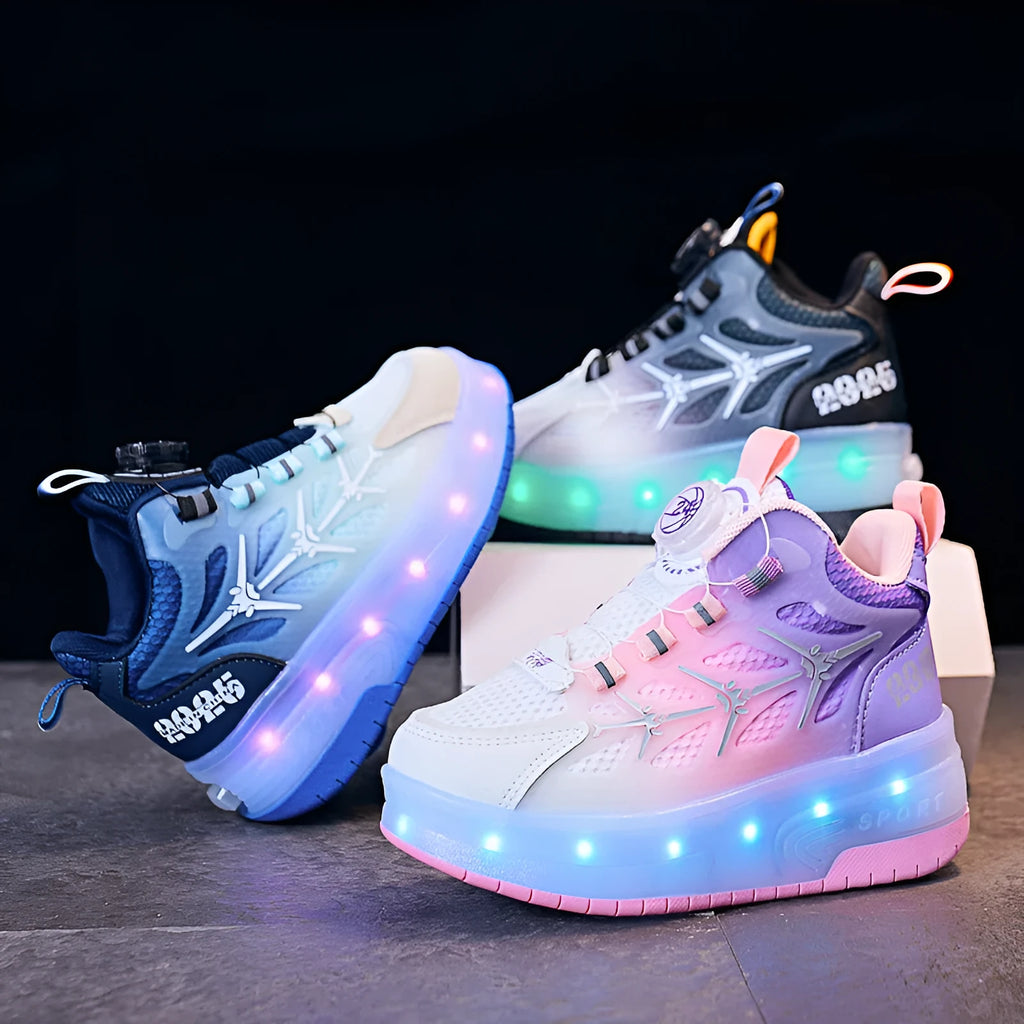 Blue children's roller skating shoes showing flash knob adjustment system and PVC sole