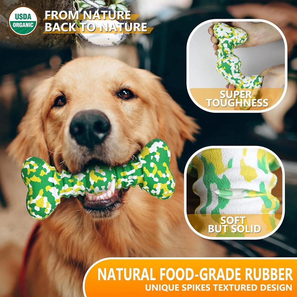 Green and white camouflage patterned natural rubber dog chew toy for large breed dogs